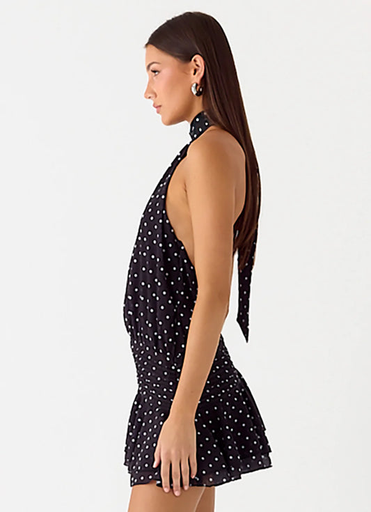 Willow Chiffon Mini Dress Black Polka Dot - Peppermayo