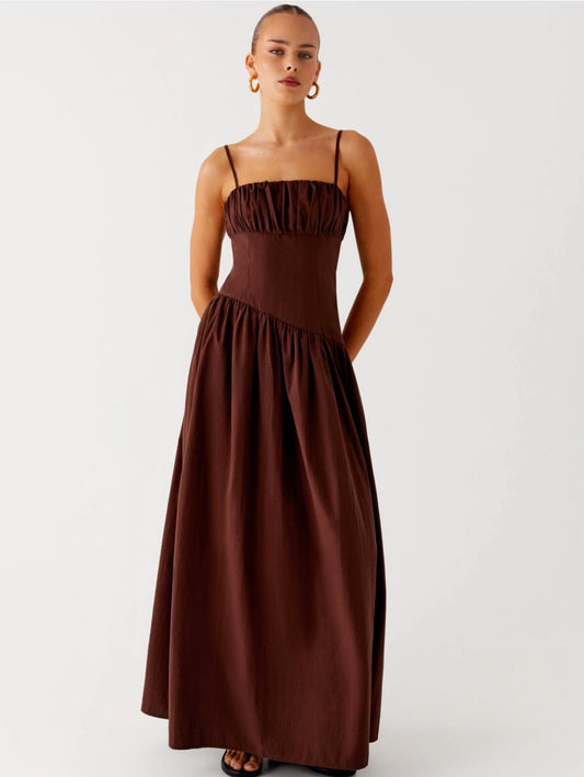 Yuna Drop Waist Maxi In Brown - Peppermayo