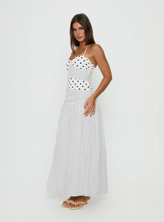 Marguerite Halter Maxi Dress White Polka Dot - Princess Polly