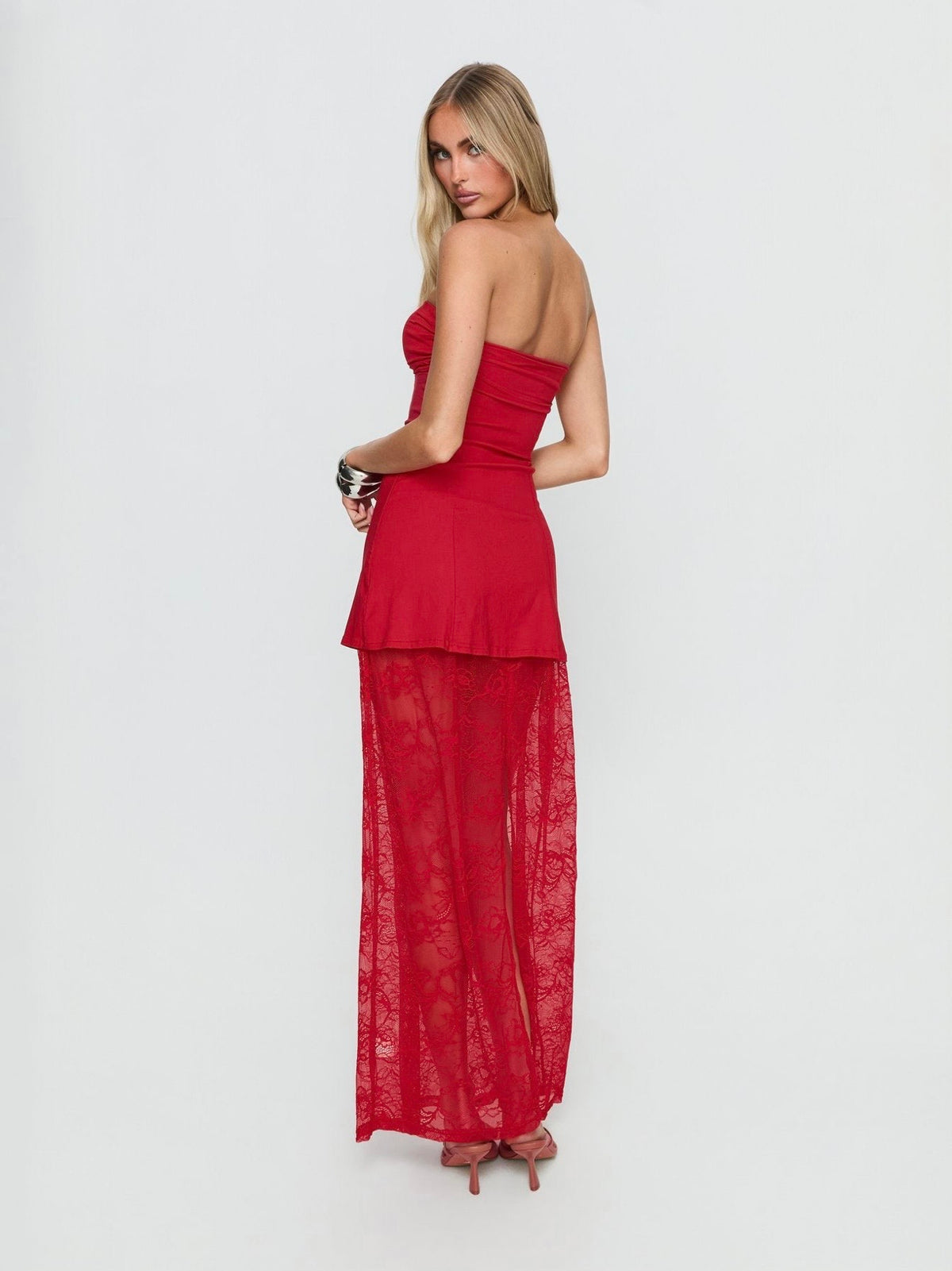 Aleda Sheer Lace Detail Strapless Maxi Dress Red- PrincessPolly