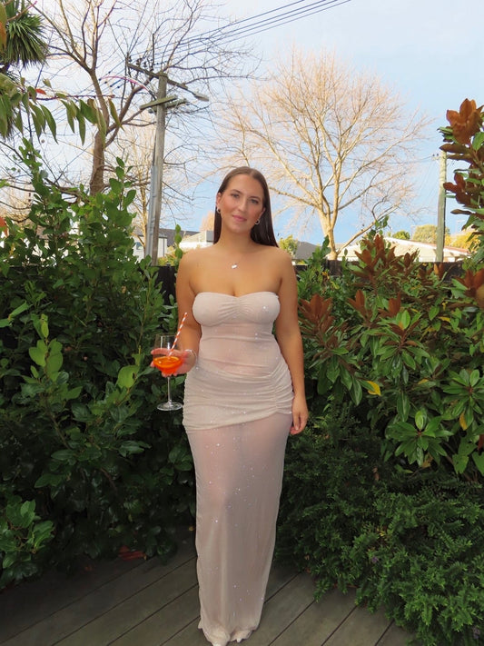 Sheer Grace Strapless Glitter Maxi Dress Champagne - White Fox